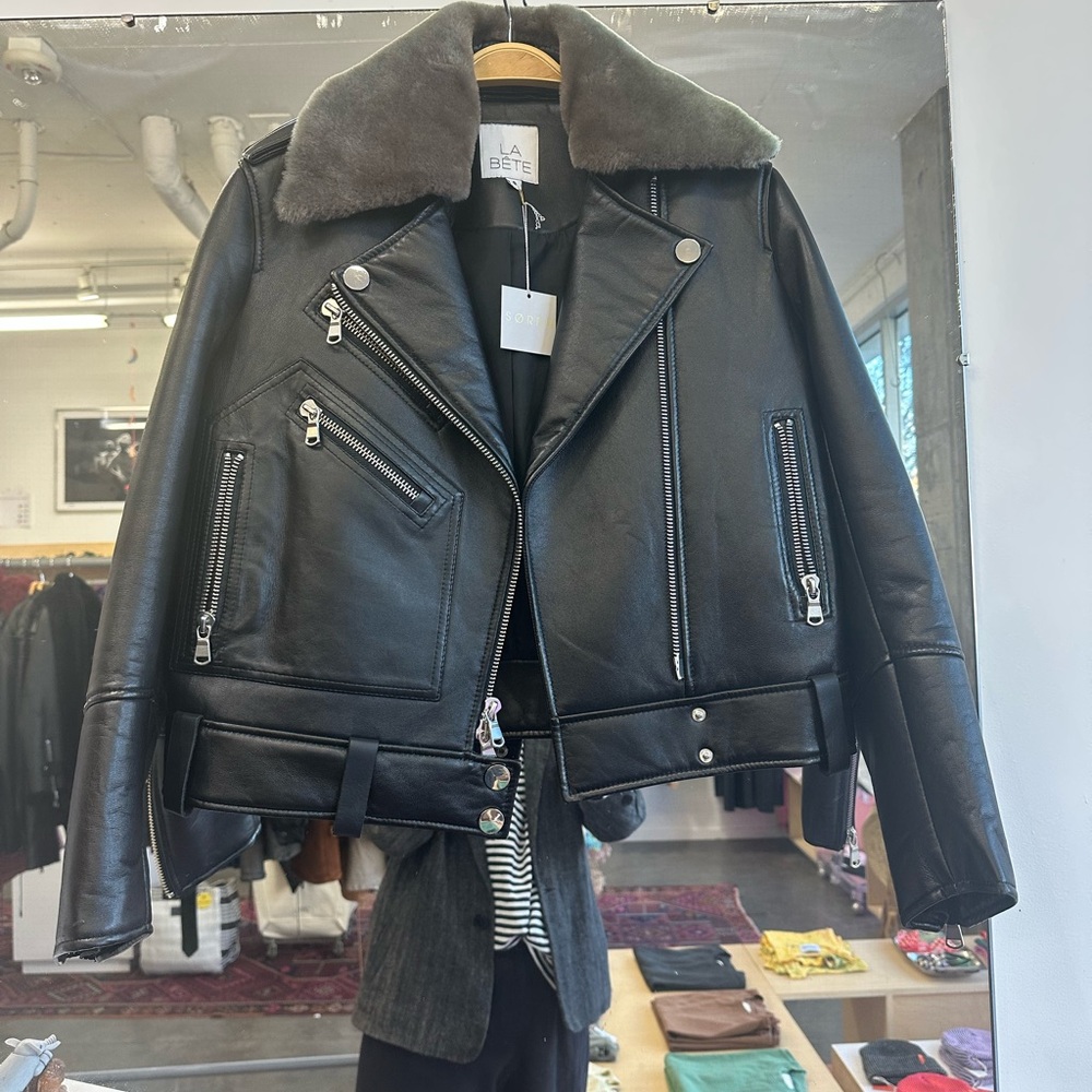 La bete padded leather moto with shearling collar